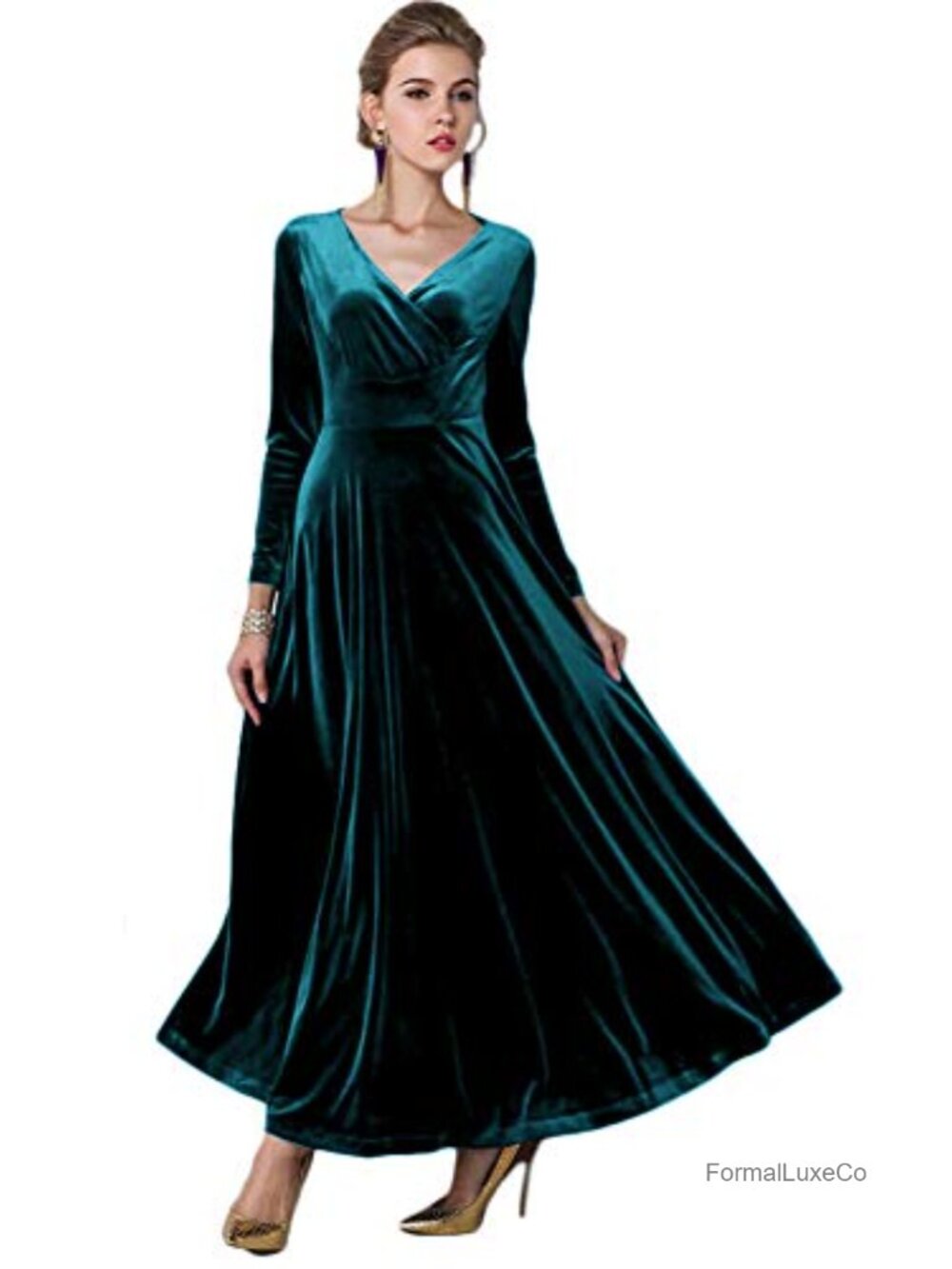 Elegant Velvet Long Sleeve Maxi Evening Party Dress